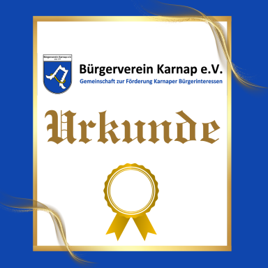 Urkunde des Bürgervereins Karnap e.V. mit goldenem Siegel auf blauem Hintergrund.