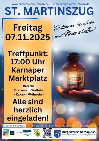 Ein handgehaltenes Licht im Fokus, mit Veranstaltungsdetails für den St. Martinszug.