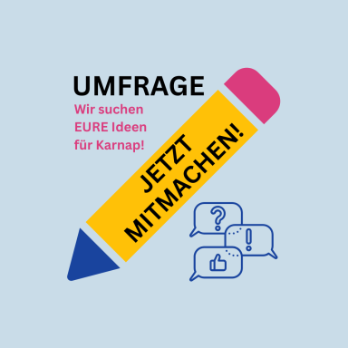 Bunte Grafik mit einem Stift und Text über eine Umfrage zur Ideensammlung.