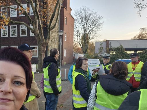 Gruppenszene im Freien mit Menschen in auffälligen gelben Westen.