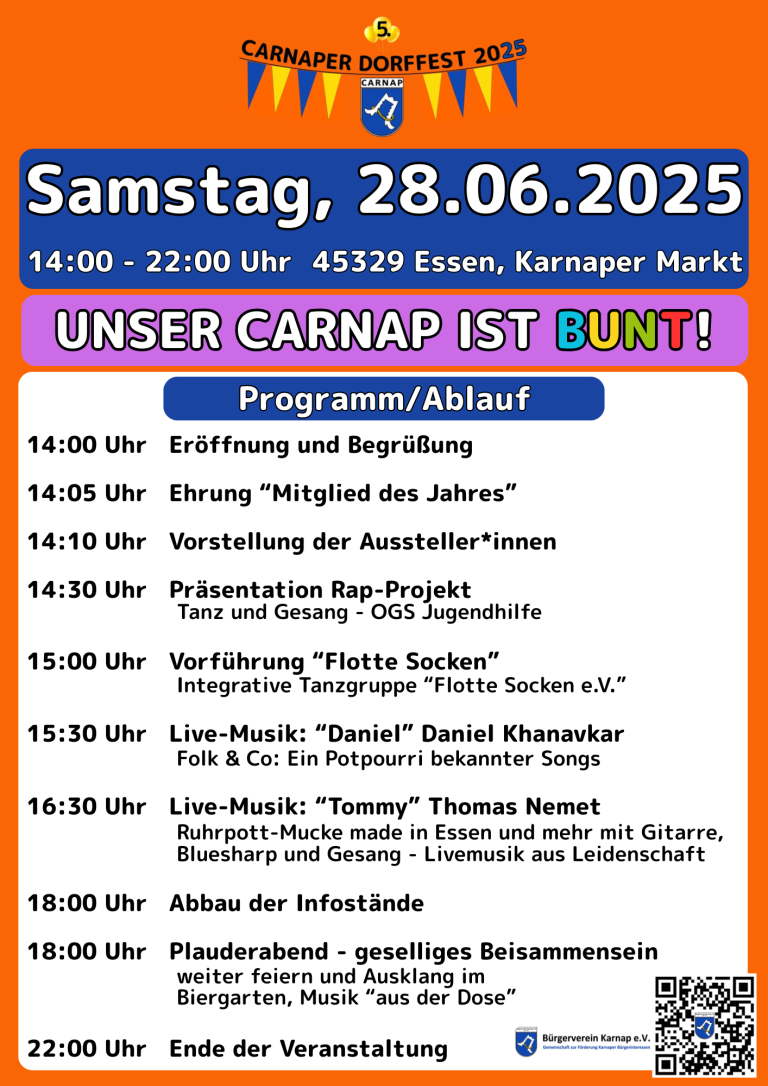 Veranstaltungsplakat für den Carnap-Markt mit Programminformationen am 28.06.2025.