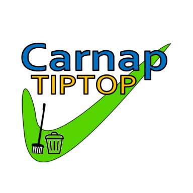Logo von Carnap Tiptop mit einem grünen Haken, Besen und Mülltonne.