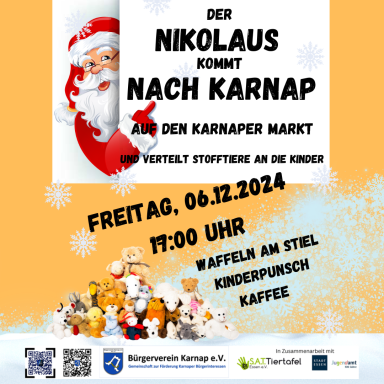 Nikolaus kommt nach Karnap zum Markt am 6. Dezember 2024, mit Waffeln und Kaffee.