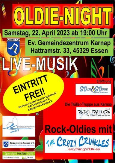 Plakat für Oldie-Night mit Informationen zu Datum, Ort und Live-Musik. Eintritt frei.