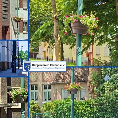 Bunte Blumenkübel an Straßenlaternen in einer städtischen Umgebung.