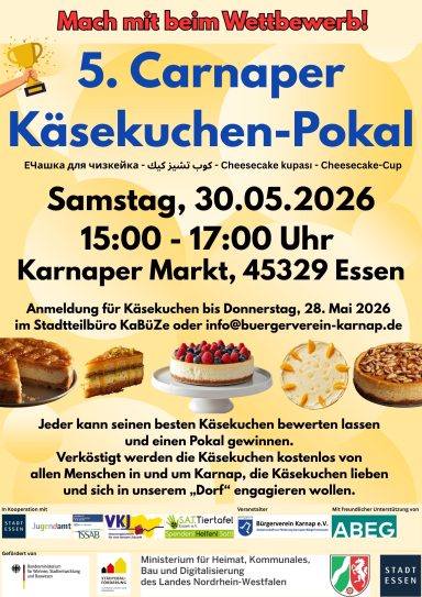 Carnaper Käsekuchen-Pokal Plakat für den 5. Carnaper Käsekuchen-Pokal, Veranstaltungshinweise und Kuchenbeispiele.