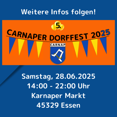 Bunte Fahnen mit Informationen zum Carnaper Dorffest 2025 in Essen.